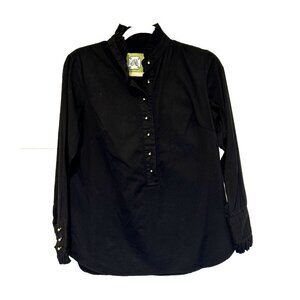 Elizabeth McKay Womens 8 Black Blouse Ruffle Neck Gold Buttons Tuxedo Style